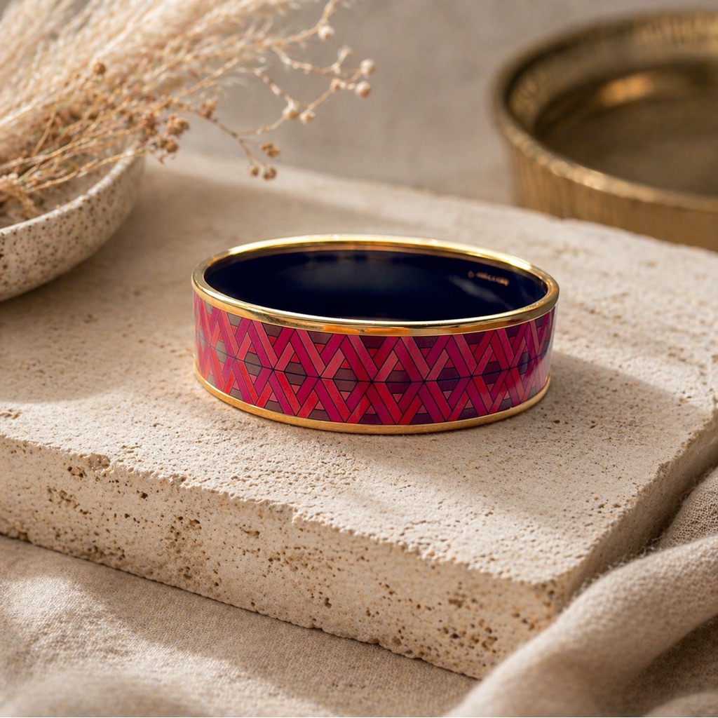 Hermes Pink Geometric Enamel And Gold Bangle Bracelet